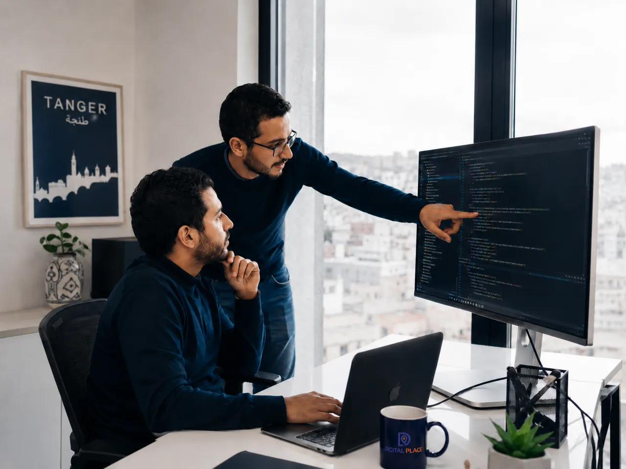 Deux ingénieurs de Digital Place travaillent sur du code dans le bureau de Tanger, affiche « Tanger » au mur et vue sur la ville.